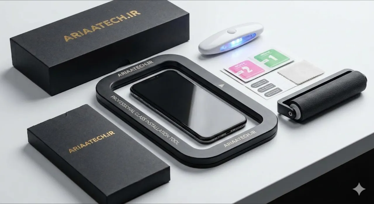 ست کامل ابزار نصب گلس آیفون 15 شامل کارت هدایت، دستمال میکروفایبر و محلول ضد استاتیک